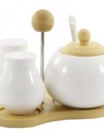 PJ01643  НАБІР 3 пр на дерев. стійці (цукорниця+сільничка+перечн)  G  Interos