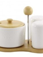 PJ02561  НАБІР 3 пр на дерев. стійці (цукорниця+сільничка+перечн)  F Interos