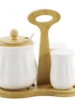 PJ03318  НАБІР 3 пр на дерев. стійці (цукорниця+сільничка+перечн)  C Interos