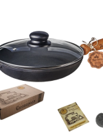 Т302С3Ук Сковорода чавунна лита 24*4 см з дерев'яною ручкою зі скляною кришкою "S&T"